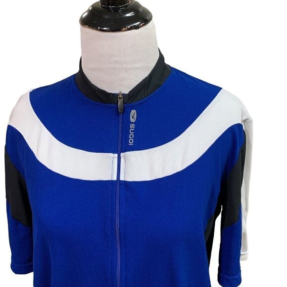 Sugoi Men's L Large Fitted Cycling Jersey Blue Full Zip Water Bottle Pocket Blue - Picture 2 of 8